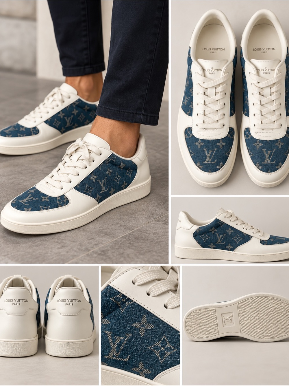 Louis Vuitton Men’s Blue Denim Monogram Sneakers with Cream Leather Trim